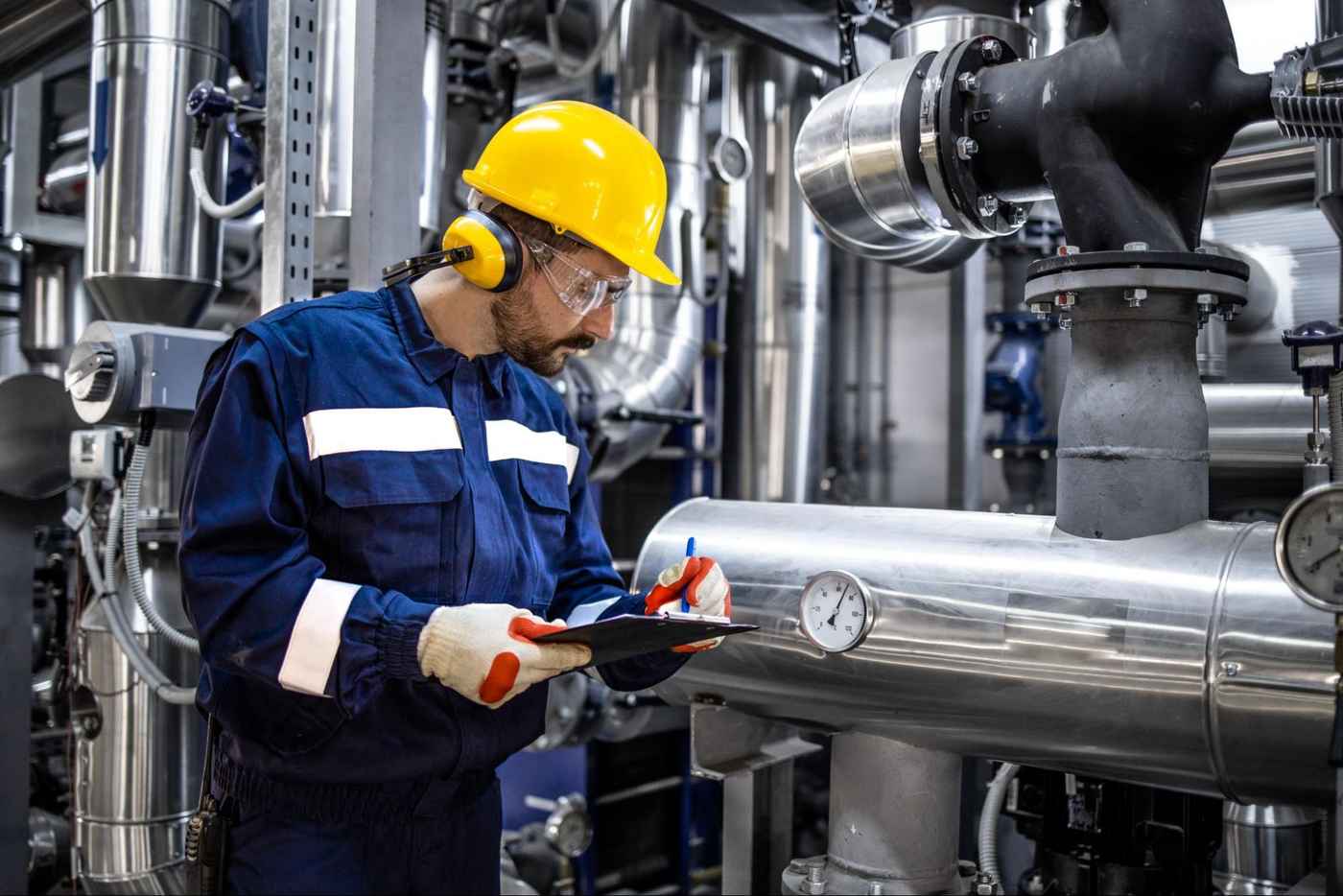 Technician monitoring thermal stage efficiency by inspecting refinery process equipment and instrumentation.